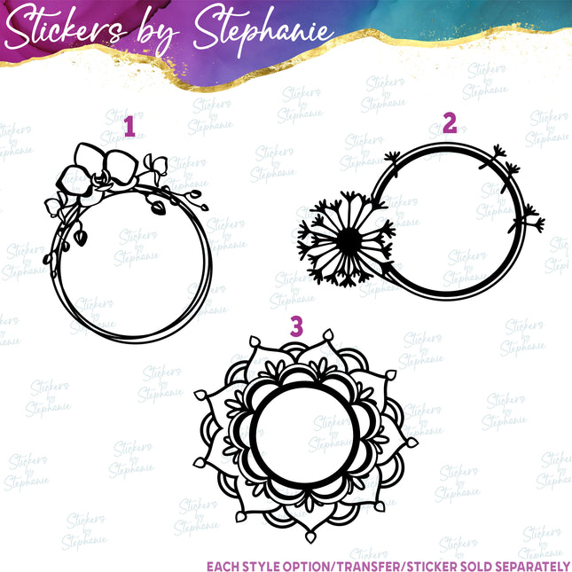 (s01-002) Orchid, Dandelion, Mandala Flower Monogram Frame Iron-On Transfer