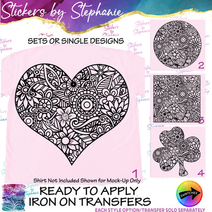 (s01-020) Heart, Circle, Square, Shamrock, Clover Zentangle Iron-On Transfer or Sticker