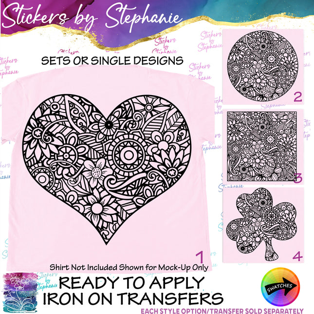 (s01-020) Heart, Circle, Square, Shamrock, Clover Zentangle Iron-On Transfer
