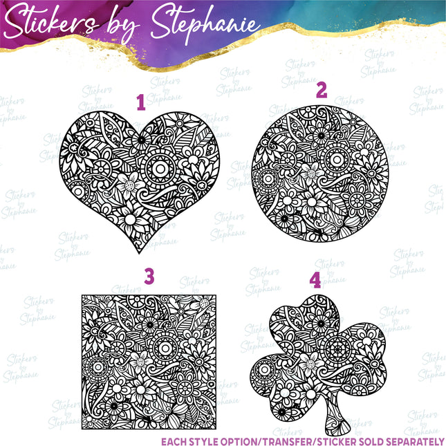 (s01-020) Heart, Circle, Square, Shamrock, Clover Zentangle Iron-On Transfer