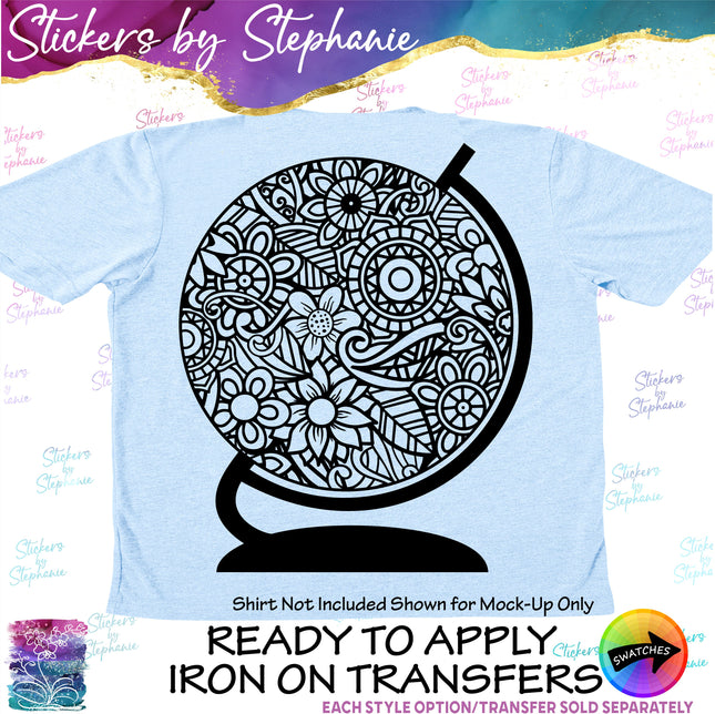 (s01-207) Globe Zentangle Mandala Iron-On-Transfer
