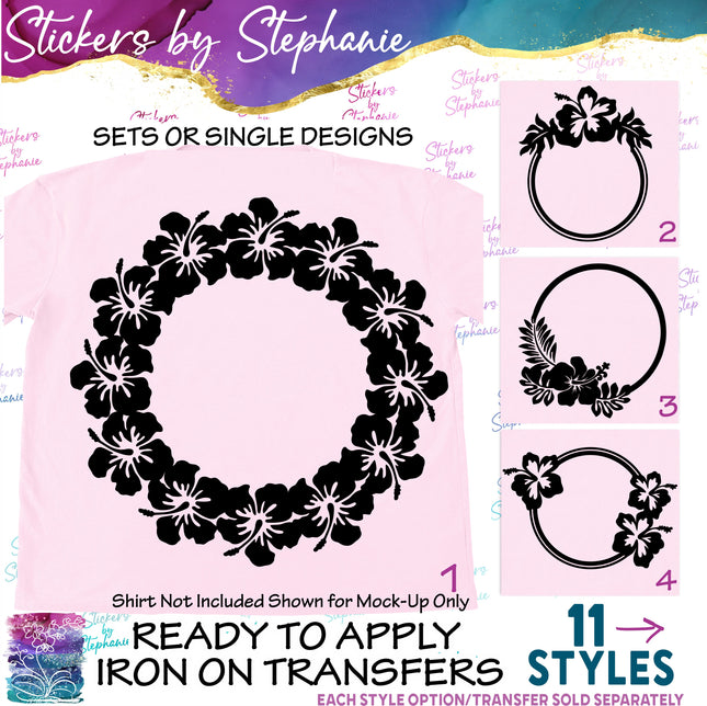 (s01-021) Hibiscus Flower Floral Wreath Monogram Frame Iron-On Transfer