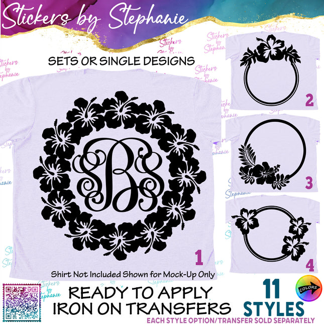 (s01-021) Hibiscus Flower Floral Wreath Monogram Frame Iron-On Transfer