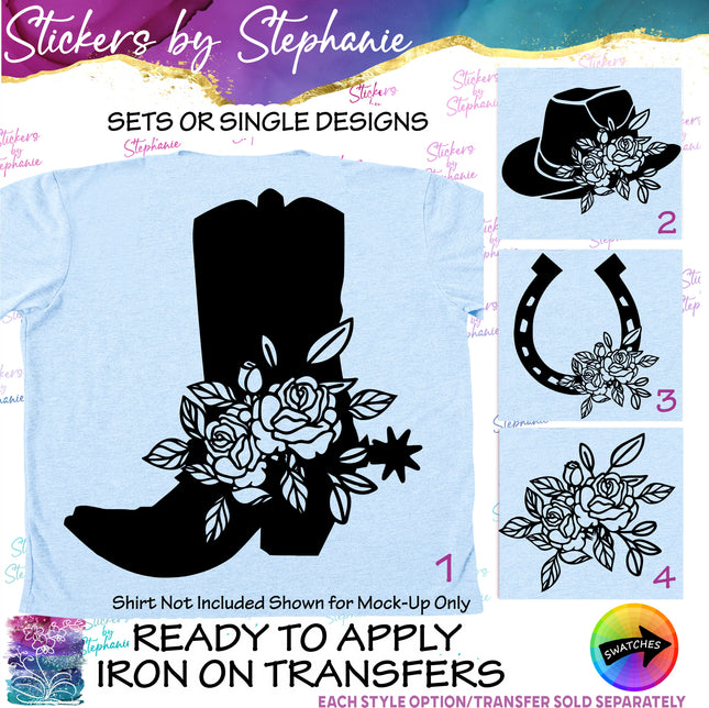 (s01-022) Floral Cowboy Boot, Hat, Horseshoe Iron-On Transfer