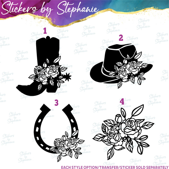 (s01-022) Floral Cowboy Boot, Hat, Horseshoe Iron-On Transfer