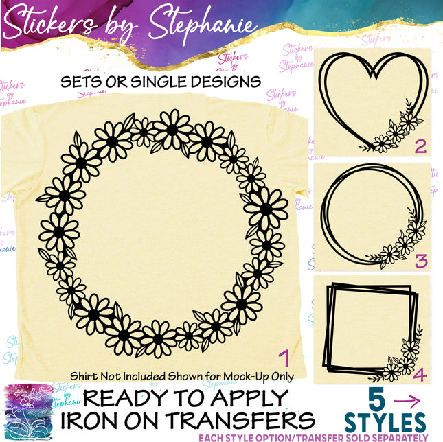 (s01-026) Daisy Daises Flower Wreath Monogram Frame Iron-On Transfer