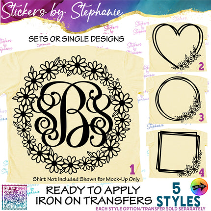 (s01-026) Daisy Daisies Flower Wreath Monogram Frame Iron-On Transfer or Sticker