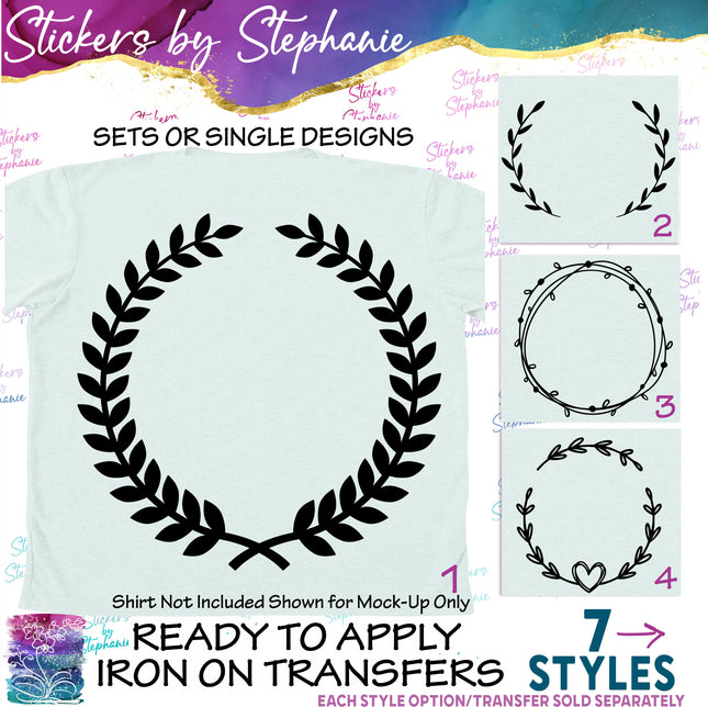 (s01-004) Laurel Vine Wreath Monogram Frame Iron-On Transfer