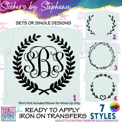 (s01-004) Laurel Vine Wreath Monogram Frame Iron-On Transfer