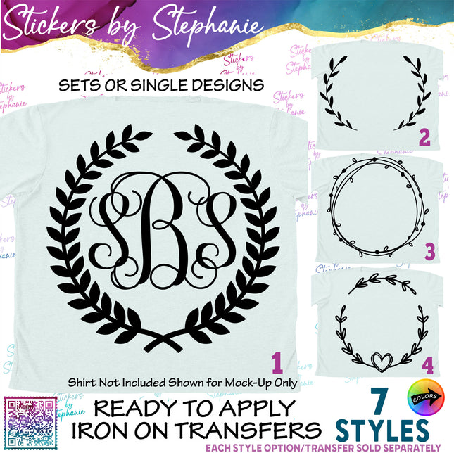 (s01-004) Laurel Vine Wreath Monogram Frame Iron-On Transfer