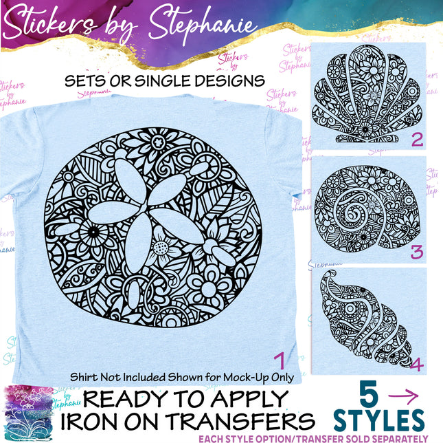 (s01-046) Sandollar, Sea Shell Zentangle Iron-On Transfer