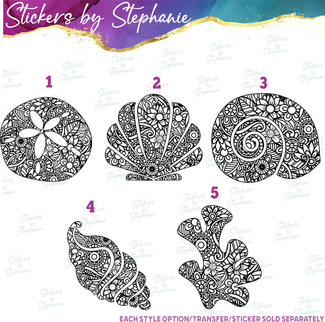 (s01-046) Sandollar, Sea Shell Zentangle Iron-On Transfer