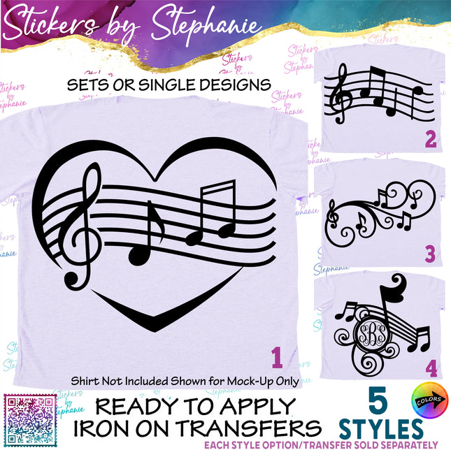 (s01-047) Music Notes Sheet Heart Scale Iron-On Transfer