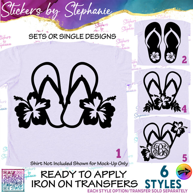 (s01-053) Flip Flops Hibiscus Flowers Iron-On Transfer