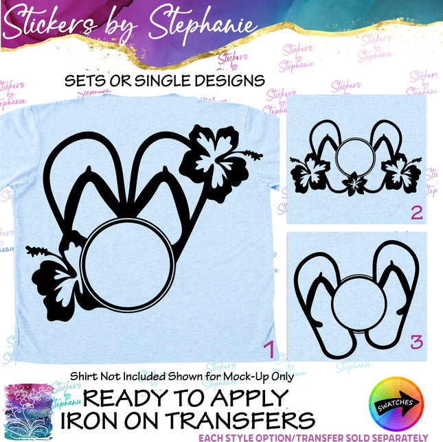 (s01-058) Flip Flop Hibiscus Flower Monogram Frame Iron-On Transfer