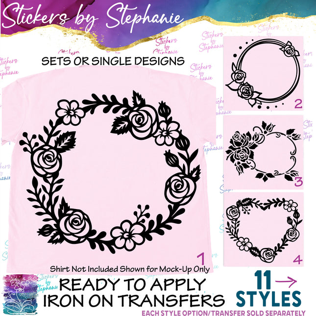 (s01-060) Rose Flower Wreath Monogram Frame Iron-On Transfer