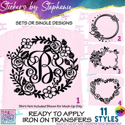 (s01-060) Rose Flower Wreath Monogram Frame Iron-On Transfer or Sticker