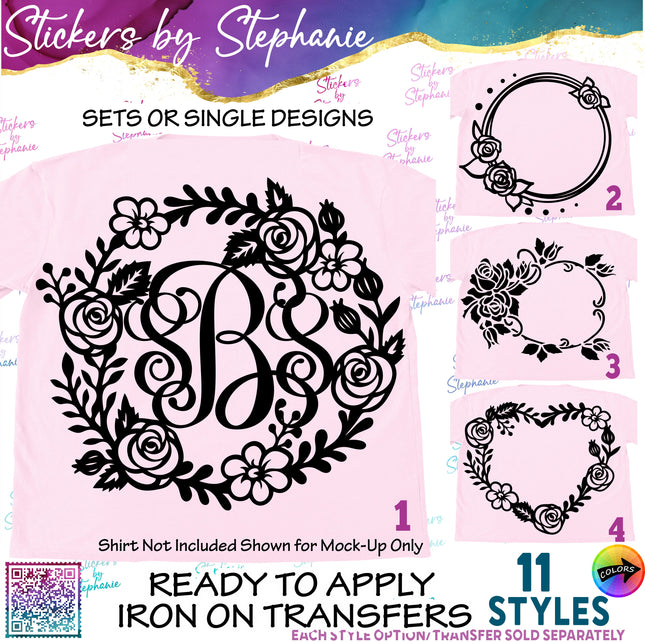 (s01-060) Rose Flower Wreath Monogram Frame Iron-On Transfer or Sticker