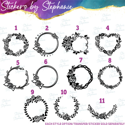 (s01-060) Rose Flower Wreath Monogram Frame Iron-On Transfer or Sticker