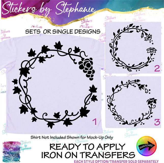 (s01-064) Grapevine, Pumpkin Vine Wreath Monogram Frame Iron-On Transfer