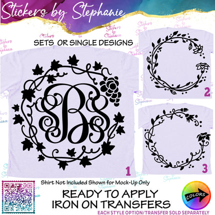 (s01-064) Grapevine, Pumpkin Vine Wreath Monogram Frame Iron-On Transfer