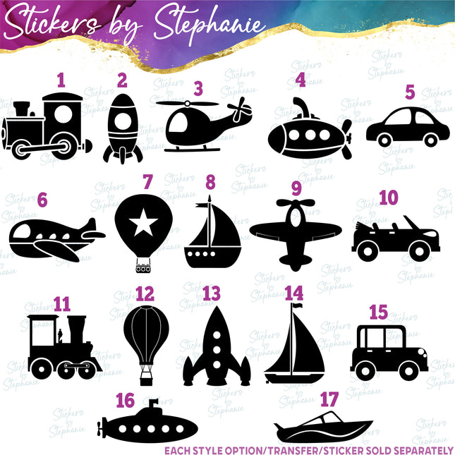 (s01-065) Vehicles, Train, Submarine, Helicopter Iron-On Transfer