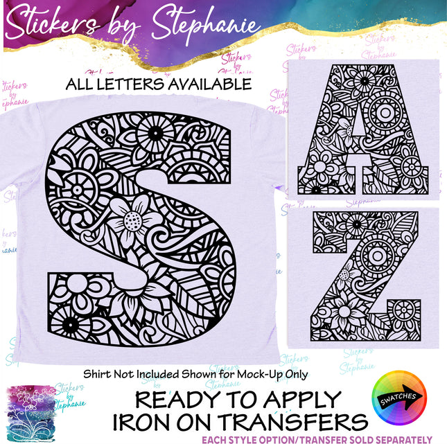 (s01-069) Zentangle Monogram Letter Iron-On Transfer