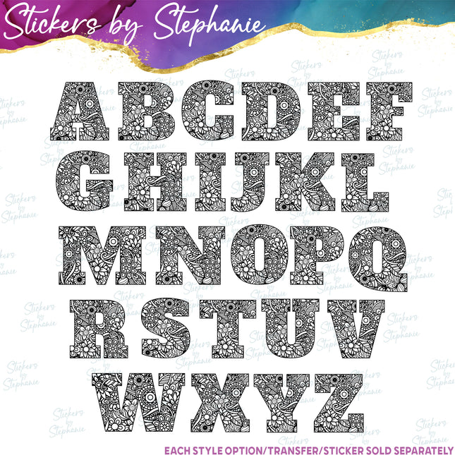 (s01-069) Zentangle Monogram Letter Iron-On Transfer