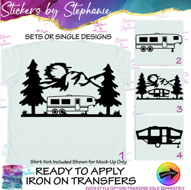 (s01-071) Tent Trailer, Mountains Iron-On Transfer