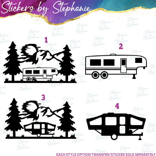 (s01-071) Tent Trailer, Mountains Iron-On Transfer