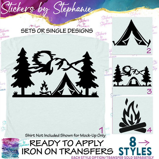 (s01-073) Tent, Campfire, Mountains Iron-On Transfer
