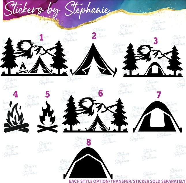 (s01-073) Tent, Campfire, Mountains Iron-On Transfer