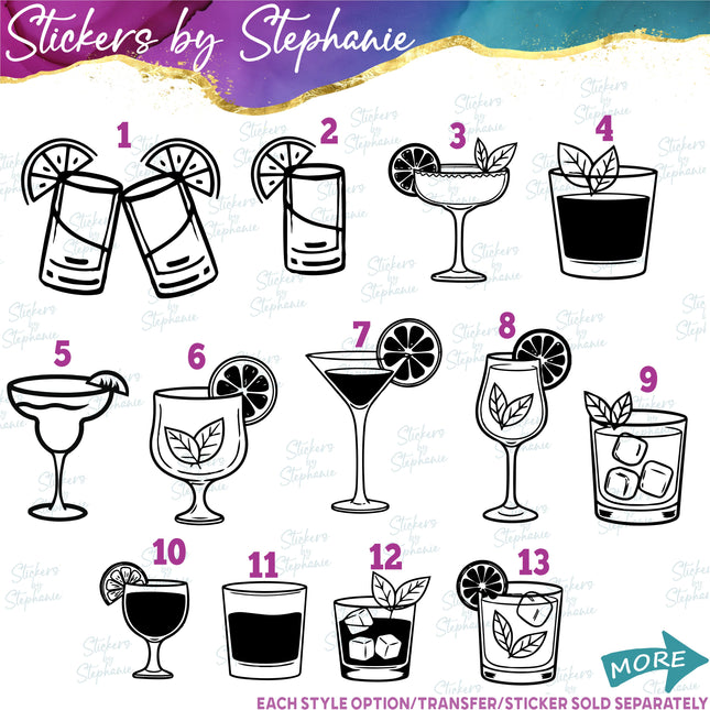 (s01-078) Cocktail Glass, Margarita, Martini Iron-On Transfer