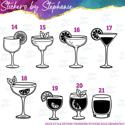 (s01-078) Cocktail Glass, Margarita, Martini Iron-On Transfer