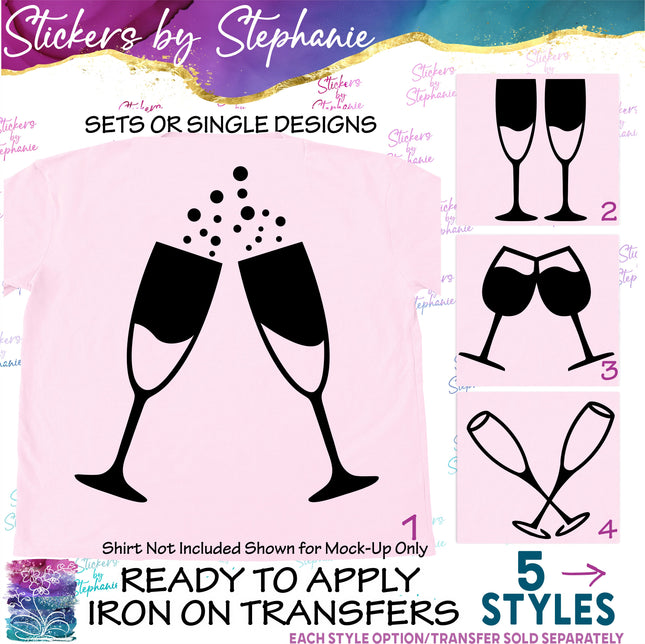(s01-079) Champagne, Wine Glasses Iron-On Transfer