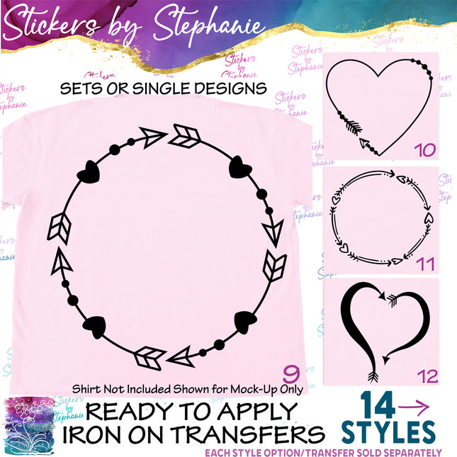 (s01-082) Heart Arrow Monogram Frame Iron-On Transfer