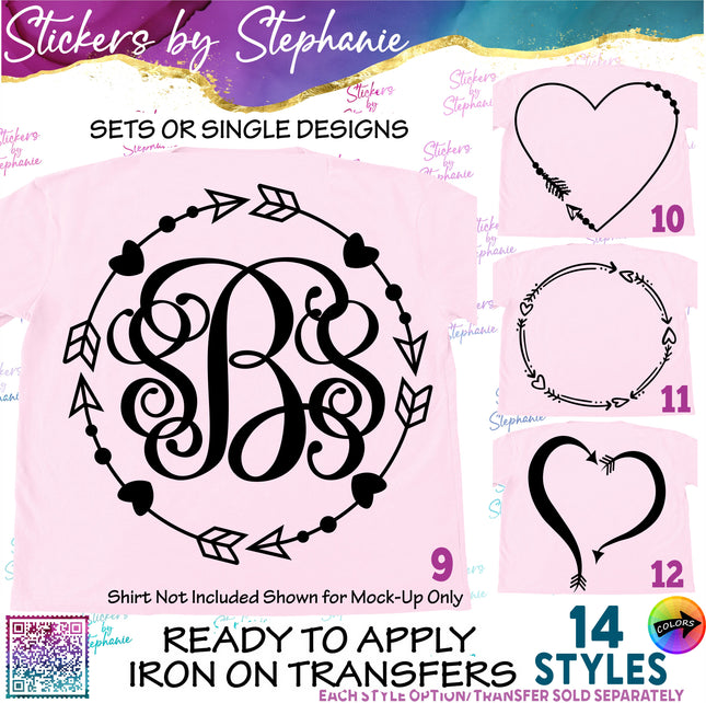 (s01-082) Heart Arrow Monogram Frame Iron-On Transfer