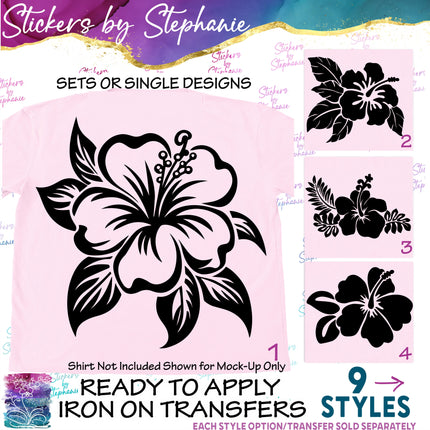 (s01-086) Hibiscus Flowers Leaves Iron-On Transfer