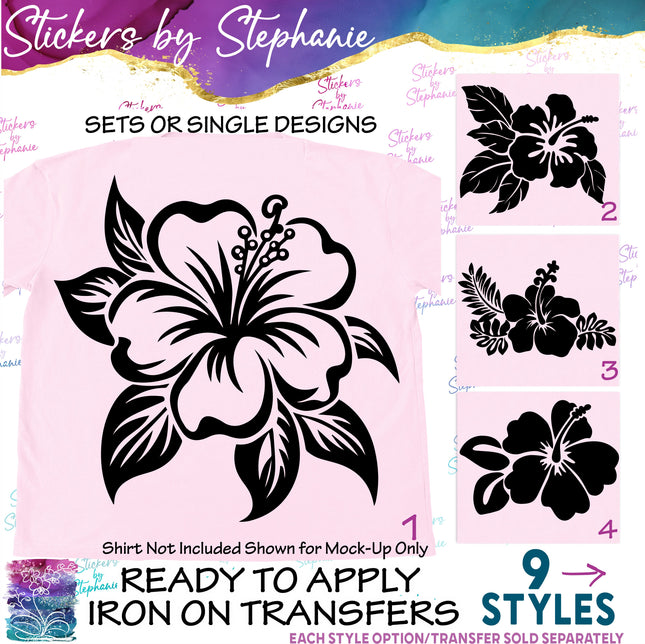 (s01-086) Hibiscus Flowers Leaves Iron-On Transfer