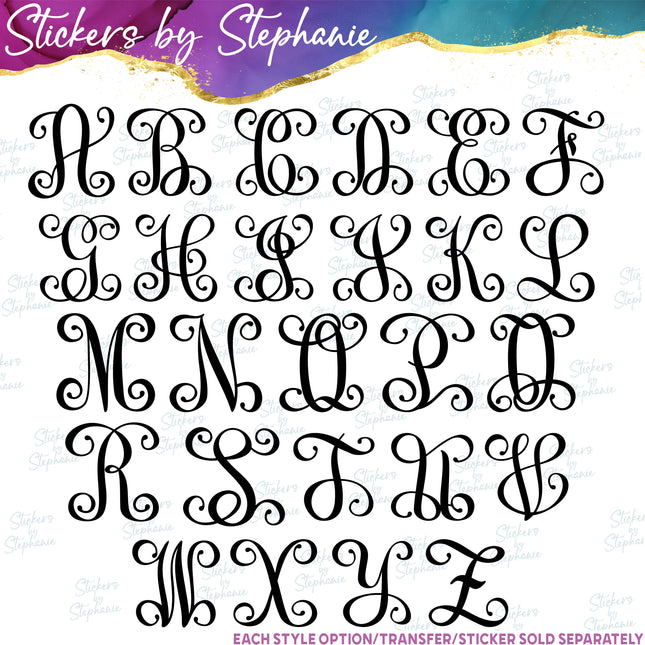 (s01-087) Vine Script Monogram Letters Iron-On Transfer