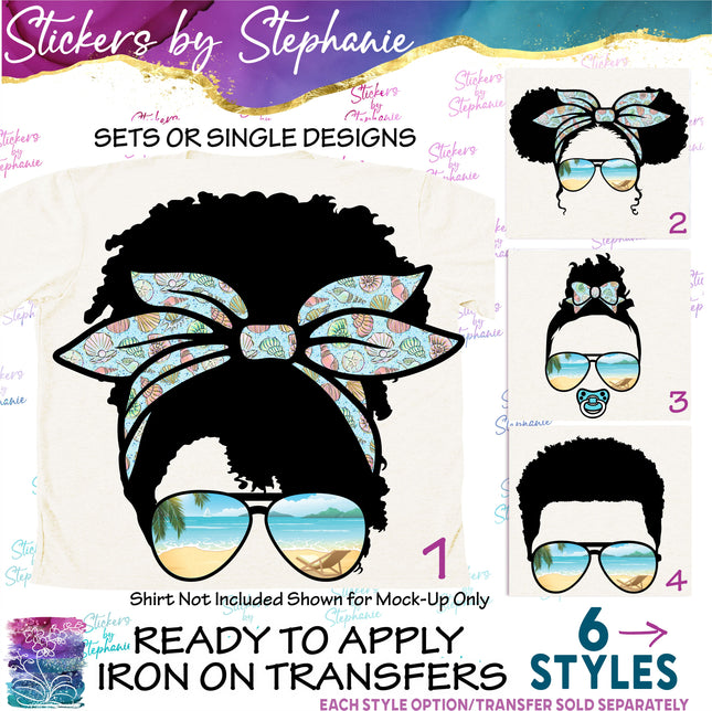(s02-010) Messy Bun African-American Family Beach Sunglasses Graphic Iron-On Transfer