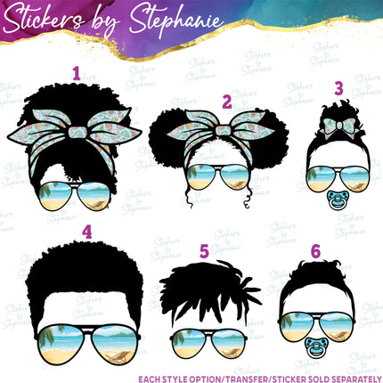 (s02-010) Messy Bun African American Family Beach Sunglasses Graphic Iron-On Transfer or Sticker
