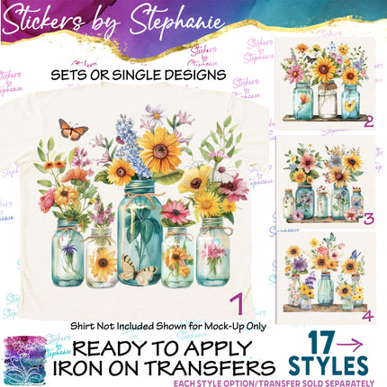 (s02-101) Wildflower Mason Jar Wildflowers Graphic Iron-On Transfer or Sticker