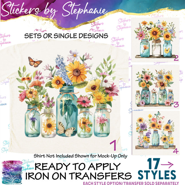 (s02-101) Wildflower Mason Jar Wildflowers Graphic Iron-On Transfer