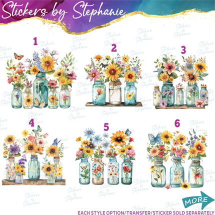 (s02-101) Wildflower Mason Jar Wildflowers Graphic Iron-On Transfer or Sticker