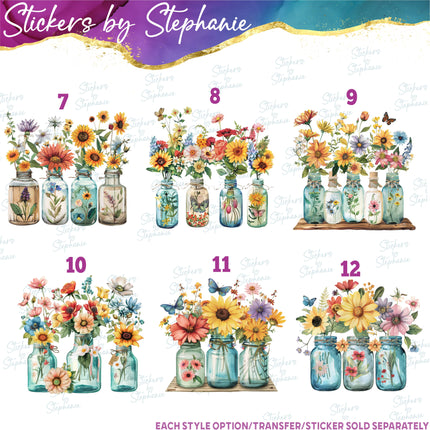 (s02-101) Wildflower Mason Jar Wildflowers Graphic Iron-On Transfer or Sticker