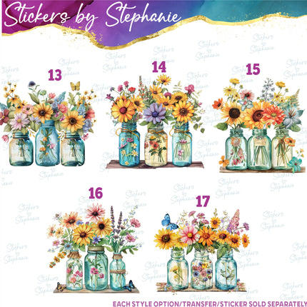 (s02-101) Wildflower Mason Jar Wildflowers Graphic Iron-On Transfer or Sticker
