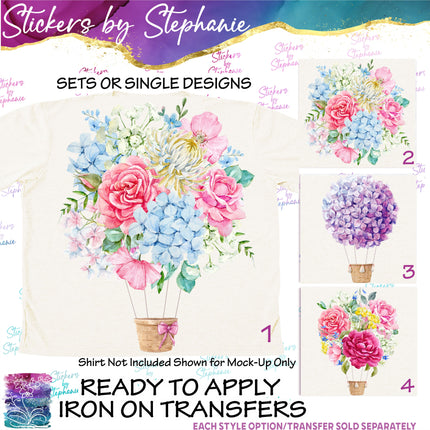 (s02-104) Hydrangeas Flowers Hot Air Balloon Graphic Iron-On Transfer or Sticker