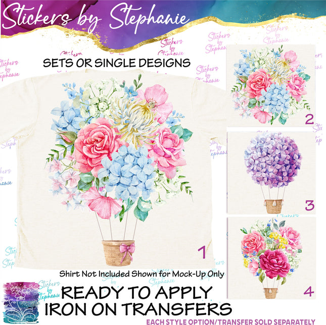 (s02-104) Hydrangeas Flowers Hot Air Balloon Graphic Iron-On Transfer