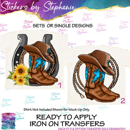 (s02-105) Cowboy Boots Horseshoe Rope Graphic Iron-On Transfer